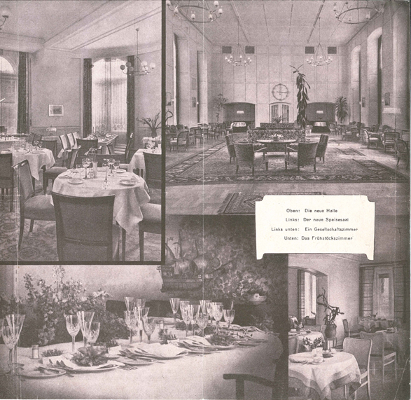 Die Halle, der Speisesaal, ein Geschäftszimmer und das Frühstückszimmer aus der damaligen Zeit